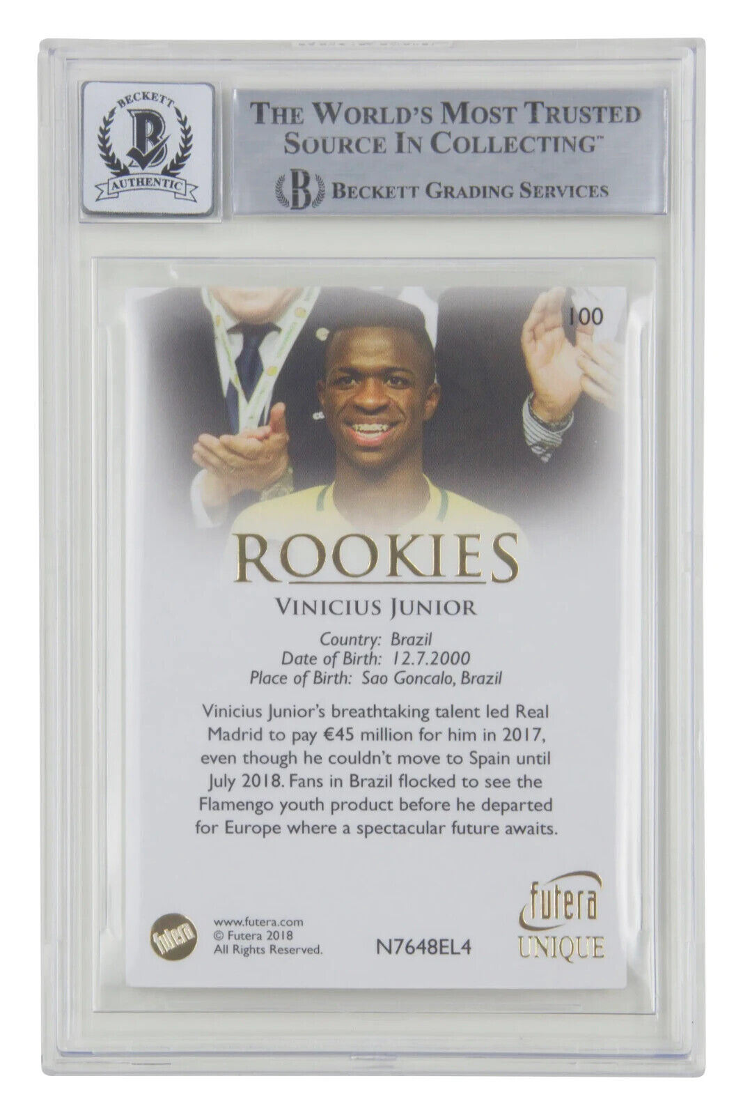 Vinicius Jr Signed 2018 Futera Unique World #100 Rookies Card – BGS 10